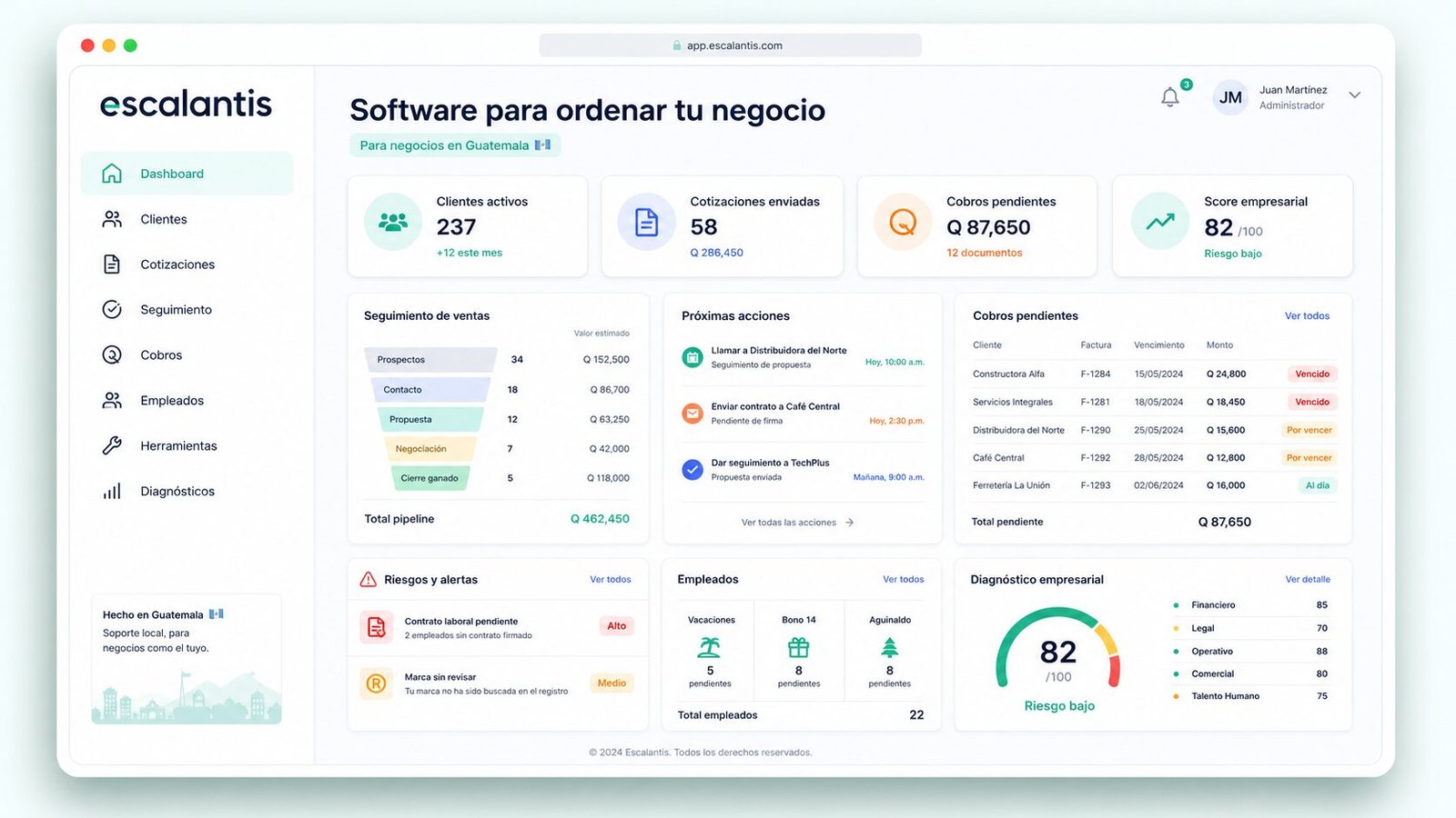 Vista conceptual del dashboard de Escalantis