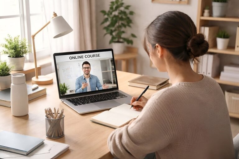 online learning, e-learning, distance learning, studying at home, laptop user, home office, digital education, modern workspace, productivity, working from home, online course, minimal desk, clean workspace, natural light, adult learner, technology use, education concept, focused person, home study